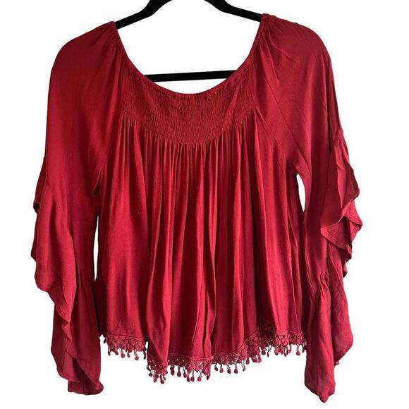 C & V Chelsea & Violet Maroon boho bell ruffle sleeve Size Small - Picture 2 of 7
